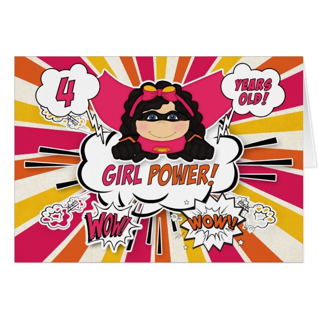 Cartão Quarto aniversário Meninas Super Crianças Pink Com (Frente Horizontal)