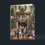 Cartão Quarto decorado festivamente, lareira, gatos, vint<br><div class="desc">Este cartão de Natal apresenta dois gatos em frente a uma lareira em uma sala de estar decorada festivamente. Visual retrô. Envie cumprimentos de Natal para seus amigos e familiares. Texto e cor personalizados (interno).</div>