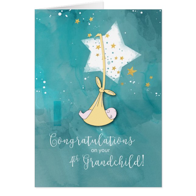 Cartão Quarto Parabéns do neto, Bebê nas Estrelas (Frente)