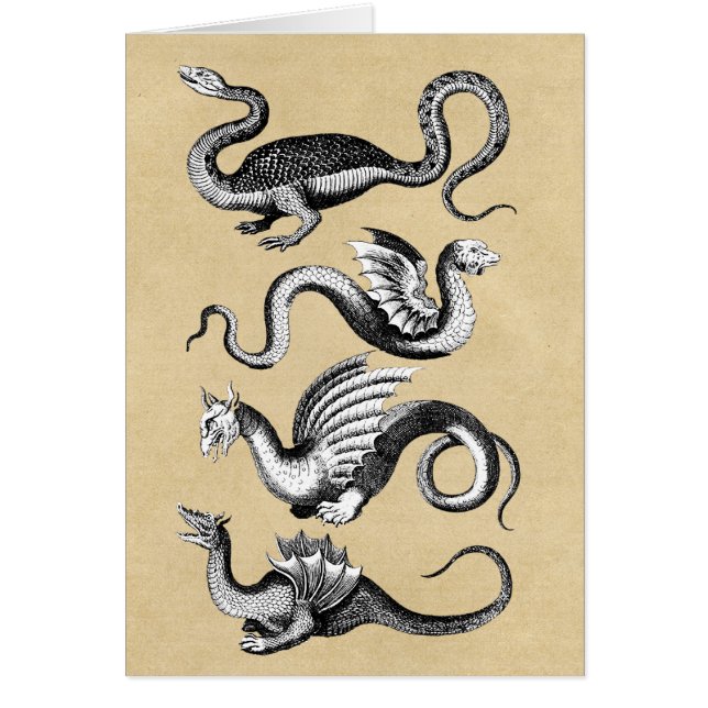 Cartão Quatro Dragões mitológicos Sepia Notecard (Frente)