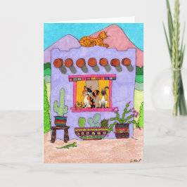 Cartão Quatro gatos em uma Adobe House roxa