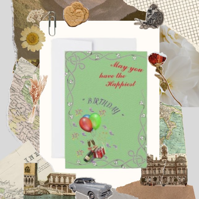 Cartão Que você tenha o mais feliz, o vinho e o balão (Criador carregado)