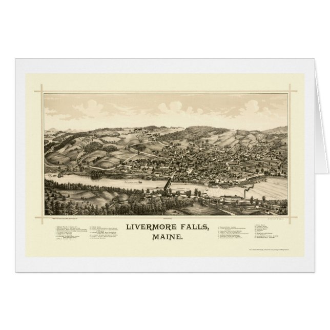 Cartão Quedas de Livermore, MIM mapa panorâmico - 1889 (Frente Horizontal)