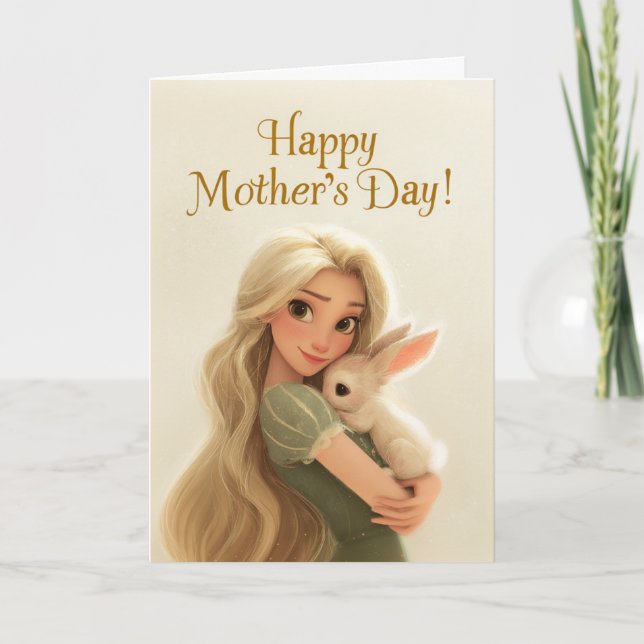 Cartão Querida Mãe Segurando Coelho Feliz Dia das Mães (Frente)