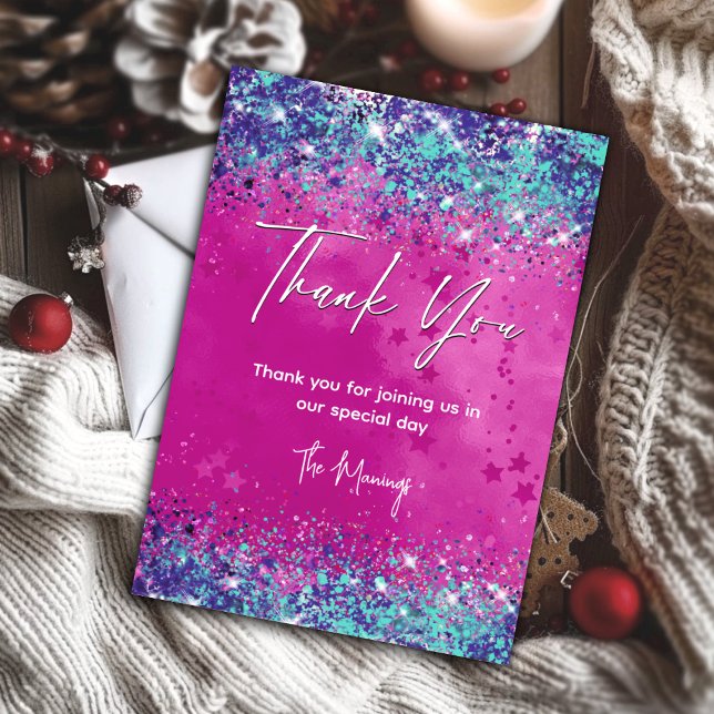 Cartão Quic aqua, obrigado de brilho iridescente rosa (Criador carregado)