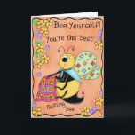 Cartão Quilting Bee Whimsy Honey Bee Happy Birthday<br><div class="desc">Tell a favorite quilter "Happy Birthday" with this "Quilting Bee" birthday card. This colorful and whimsy yellow and black honey bee has light green wings with small quilt block motifs, a turquoise blue scarf is tied around her neck and she is holding an orange, yellow and fuchisa pink quilt made...</div>