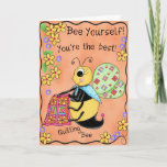 Cartão Quilting Bee Whimsy Honey Bee Happy Birthday<br><div class="desc">Tell a favorite quilter "Happy Birthday" with this "Quilting Bee" birthday card. This colorful and whimsy yellow and black honey bee has light green wings with small quilt block motifs, a turquoise blue scarf is tied around her neck and she is holding an orange, yellow and fuchisa pink quilt made...</div>
