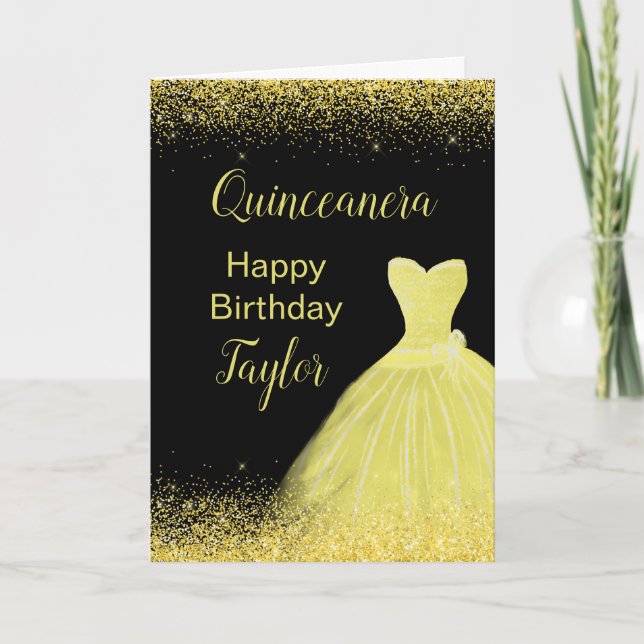 Cartão Quinceanera Bright Yellow Dress Faux Glitter (Frente)