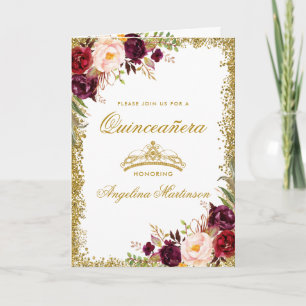 Cartão Quinceanera Burgundy Foto Floral Dourada Coroa Dob