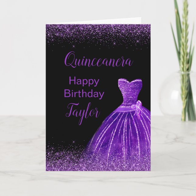 Cartão Quinceanera Dark Purple Dress Faux Glitter (Frente)