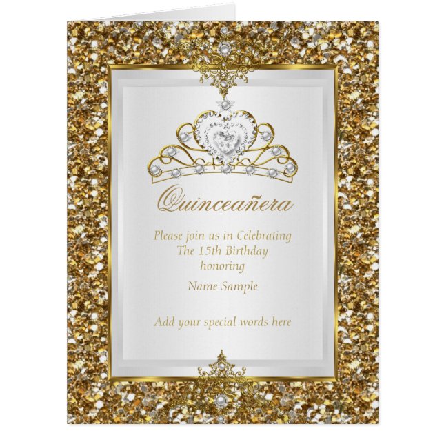 Cartão Quinceanera Dourada Glitter White Pearl Tiara Foto (Frente)
