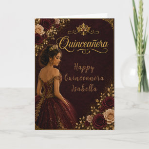 Cartão Quinceañera em Borgonha e Dourado