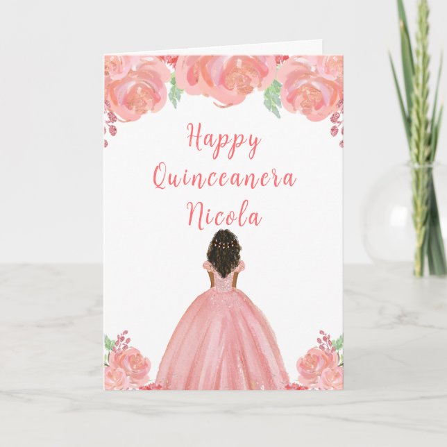 Cartão Quinceanera Floral Rosa, Princesa Escura (Frente)