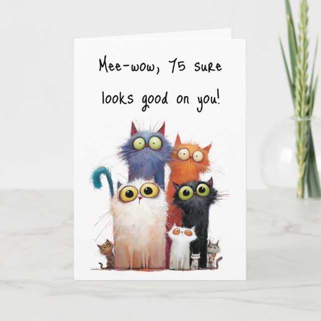Cartão Quirky Cats with Big Eyes 75th Birthday Greeting (Frente)