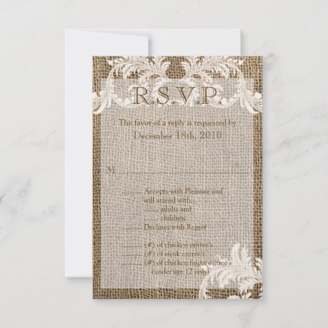 Cartão R.S.V.P. 3,5x5 renda com juta Country Weste (Frente)