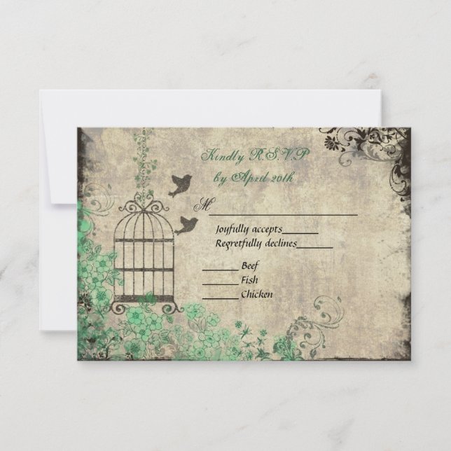 Cartão R.S.V.P. de Casamento de Pássaros do Mint G (Frente)