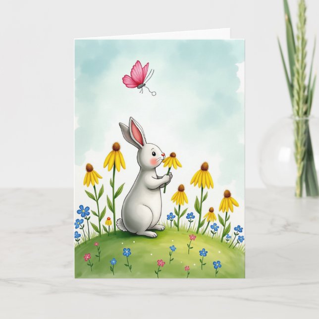 Cartão Rabbit And Flowers Cute Scene Card (Frente)