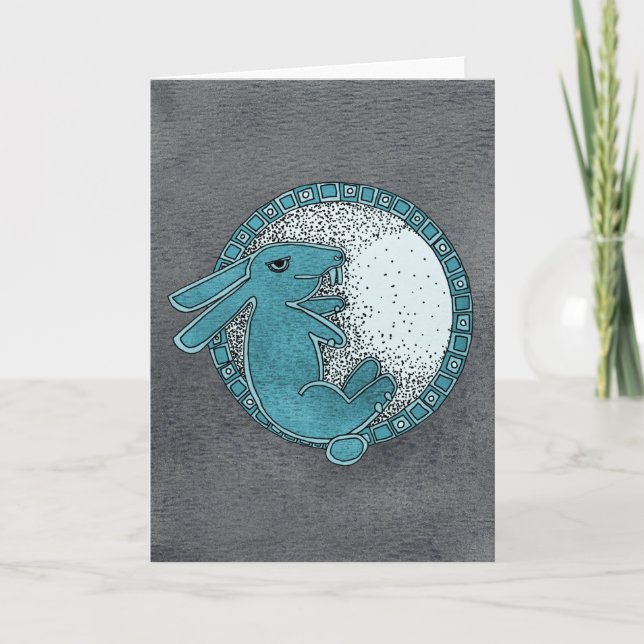 Cartão Rabbit in the Moon Greeting Card (blue) (Frente)
