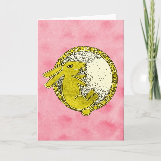 Cartão Rabbit in the Moon Greeting Card (Pink and Yellow) (Frente)