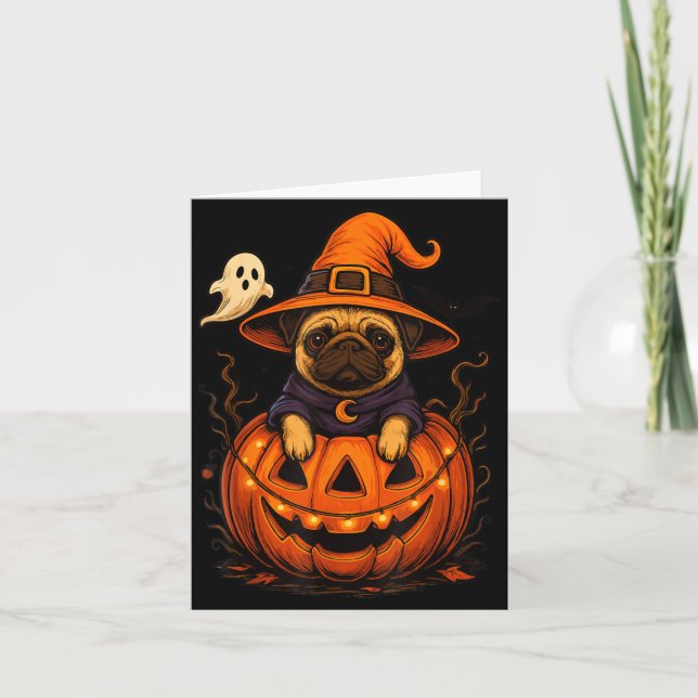 Cartão Raça de Pug Engraçado Pet Halloween Abóboras Hallo (Frente)