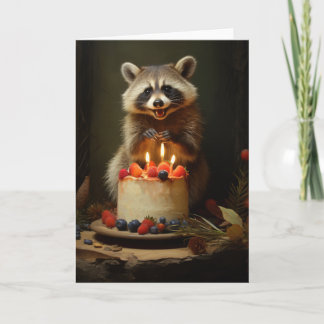 Cartão Raccoon com Bolo de Aniversário
