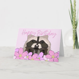 Cartão Raccoon em Flores Bonito Rosa Selvagens Aniversári