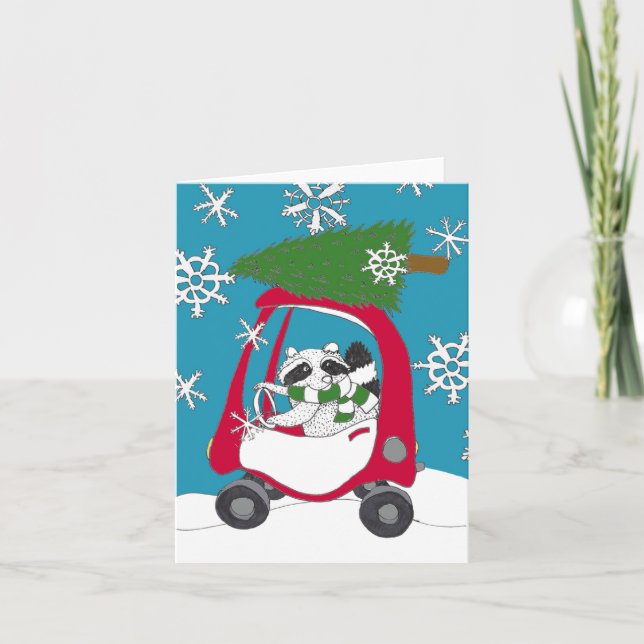 Cartão Raccoon no carro com árvore de Natal (Frente)