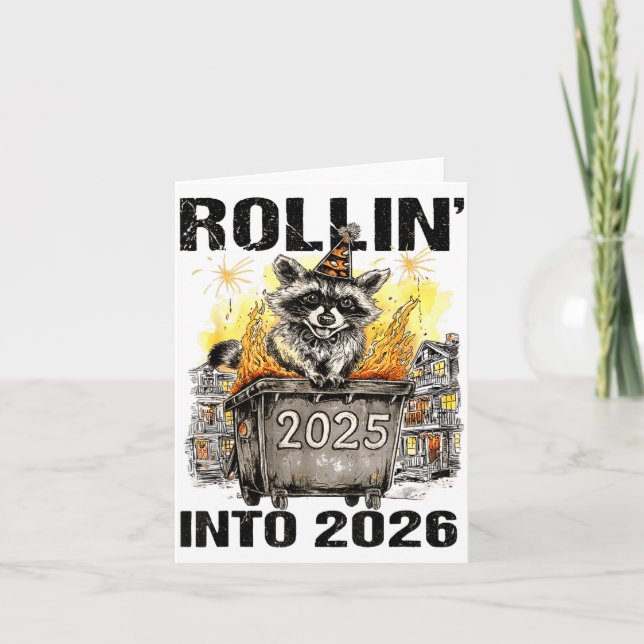 Cartão Raccoon Rolling Into 2026 Happy New Year 2026 Funn (Frente)