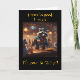 Cartão Raccoons and Cats share drinks in the bar birthday