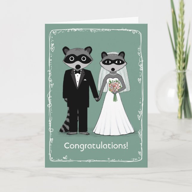 Cartão Raccoons Bride e Parabéns de Casamento de Groom (Frente)