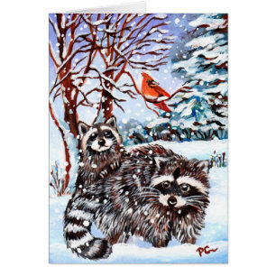 Cartão Raccoons na neve