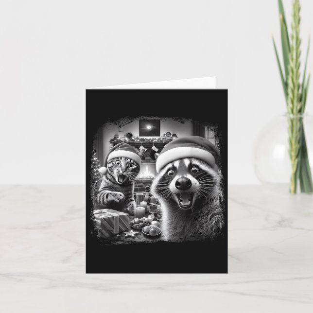 Cartão Racoon Santa Funny Cat Taking Selfie Christmas Xma (Frente)