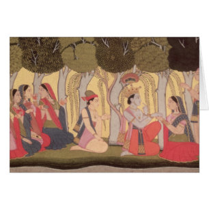 Cartão Radha e Krishna assentados em um bosque, Kulu