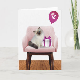 Cartão Ragdoll Cat Com Balão De Aniversário De 13