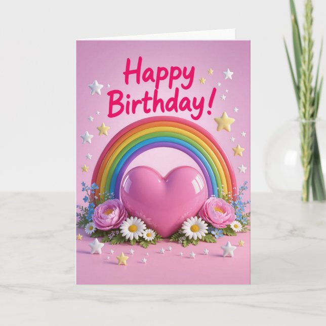 Cartão Rainbow and pink love heart birthday (Frente)