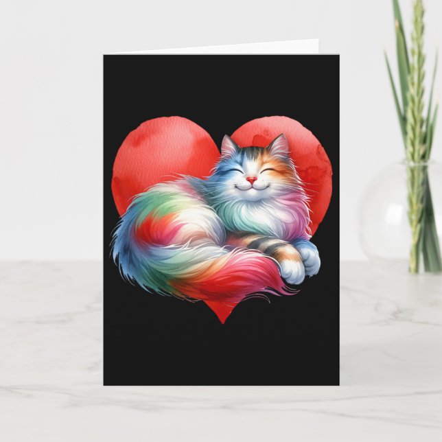 Cartão Rainbow Cute Cat Hugging Heart Kitty Love Cat Vale (Frente)