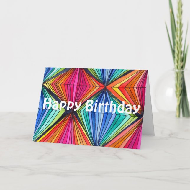 Cartão Rainbow Geometric Op Art Happy Birthday (Frente)