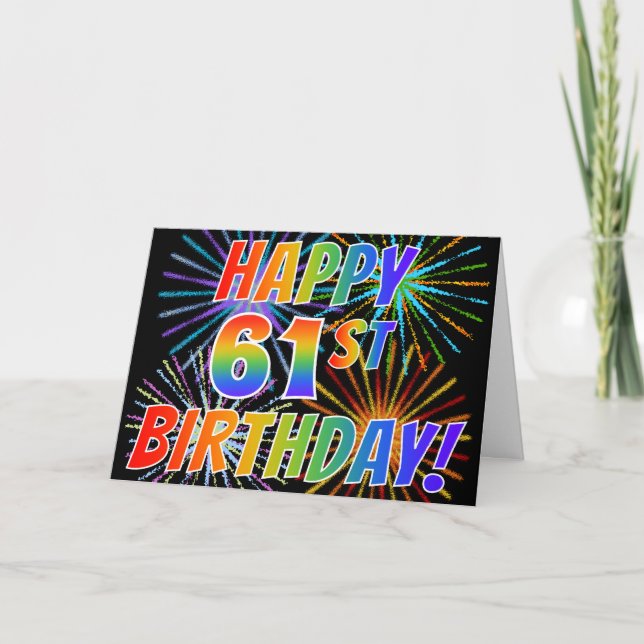 Cartão Rainbow Pattern "HAPPY 61ST BIRTHDAY!" + Fireworks (Frente)