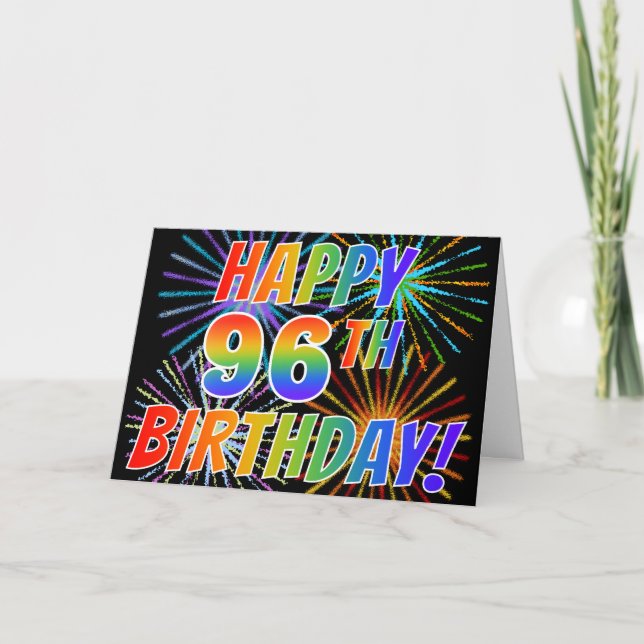 Cartão Rainbow Pattern "HAPPY 96TH BIRTHDAY!" + Fireworks (Frente)