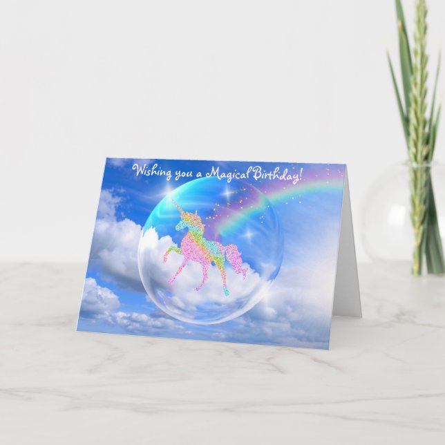 Cartão Rainbow Unicorn in Bubble Birthday (Frente)