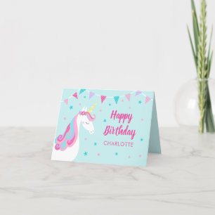 Cartão Rainbow Unicorn Personalizado Aqua Rosa Aniversári