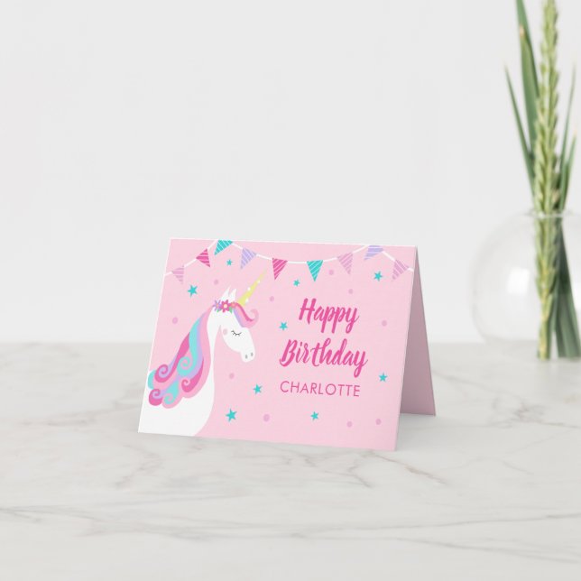 Cartão Rainbow Unicorn Personalizado Rosa Aniversário (Frente)