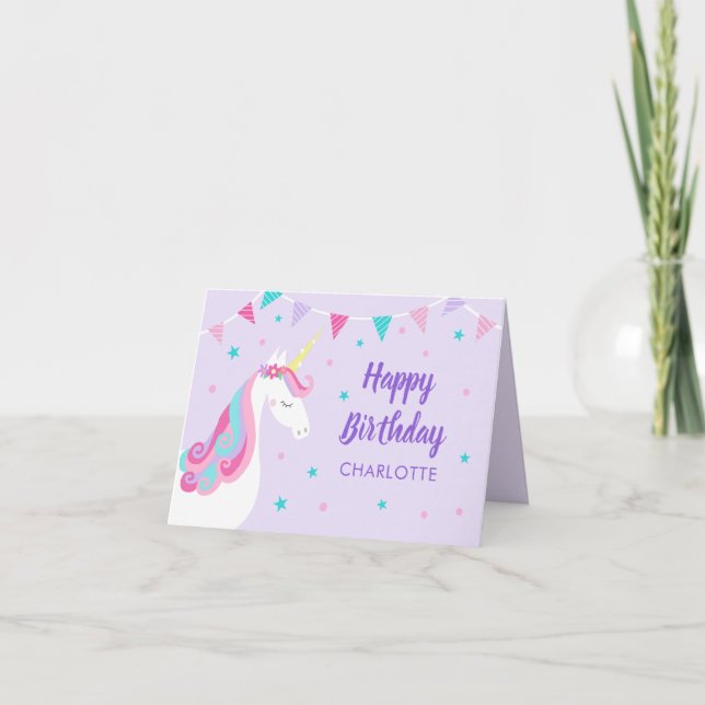 Cartão Rainbow Unicorn Personalizado Roxo Aniversário (Frente)