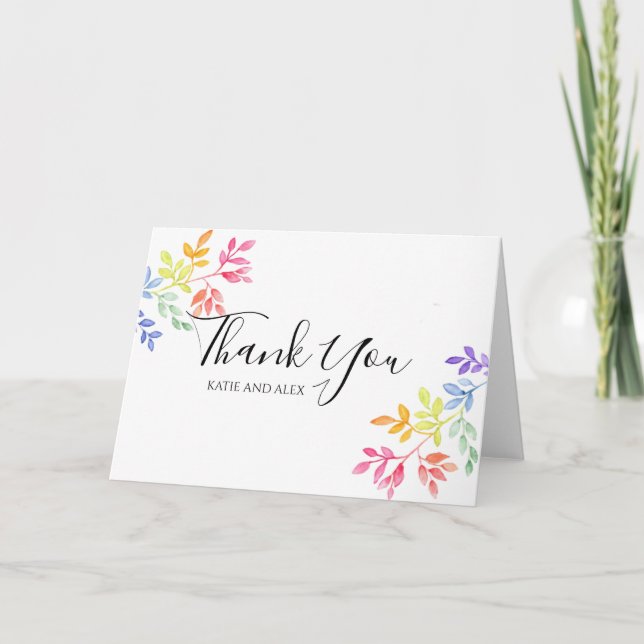 Cartão Rainbow Watercolor Botanical Wedding Thank You (Frente)