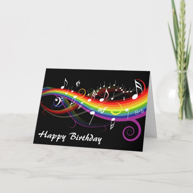 Cartão Rainbow White Music Notes Happy Birday Card (Frente)