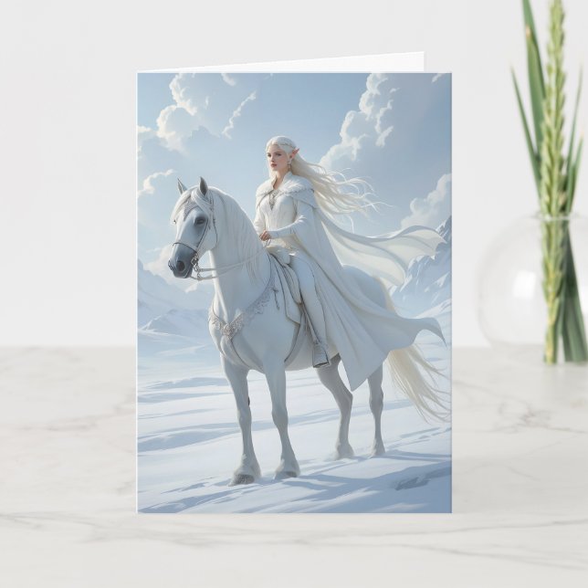 Cartão Rainha Elfa Cavalgando Cavalo Branco (Frente)