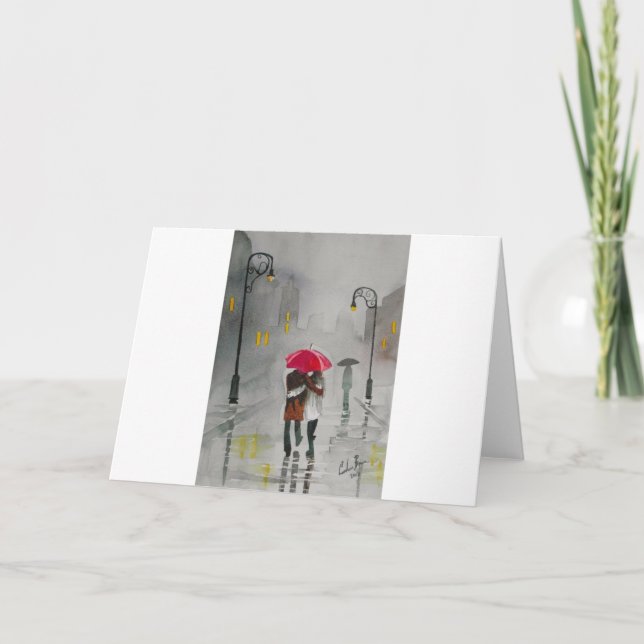 Cartão RAINY DAY UMBRELLA RED TRAM romantic couple (Frente)