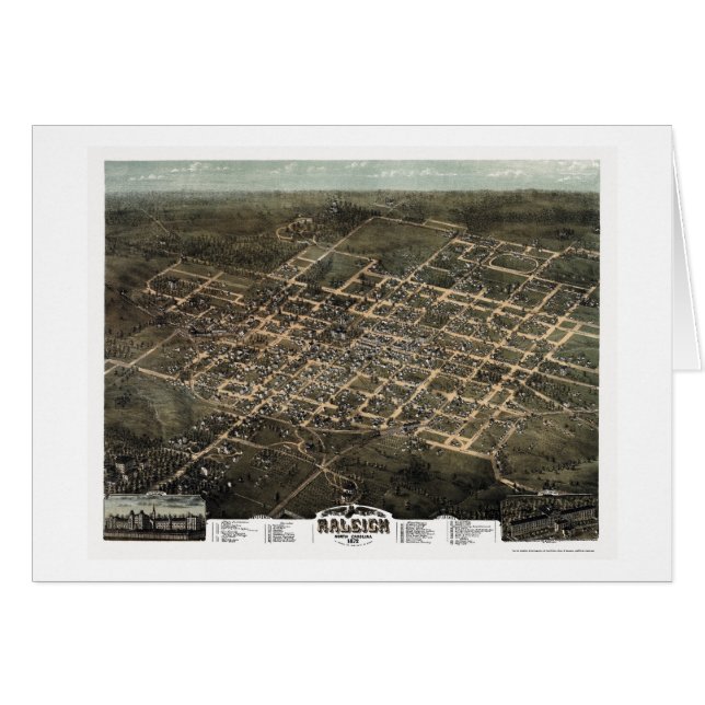 Cartão Raleigh, mapa panorâmico do NC - 1872 (Frente Horizontal)