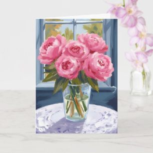 Cartão Ramalhete de Peônia Corada Pintura de Flor Rosa