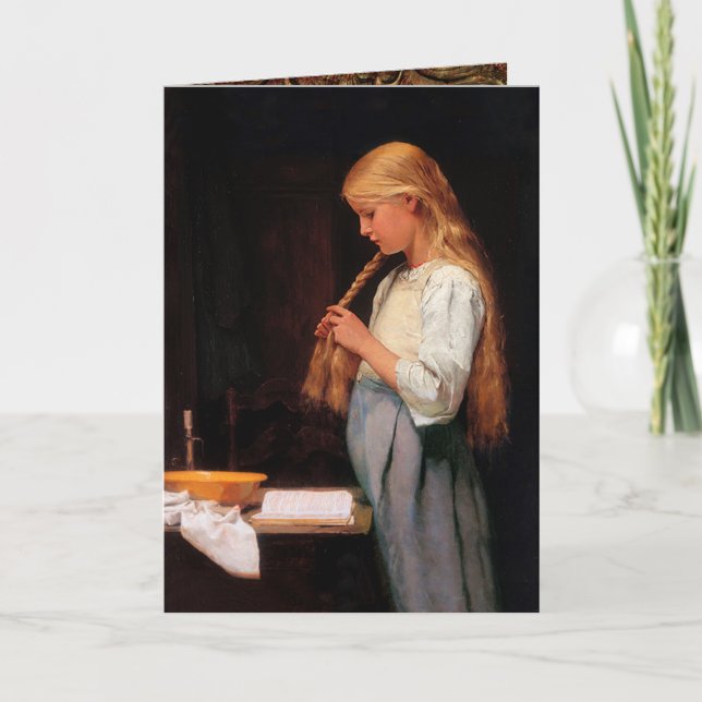 Cartão Rapariga a guiar o cabelo e a estudar, Albert Anke (Frente)